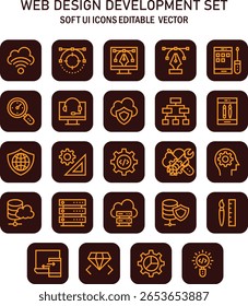 Ícones da ferramenta de criação de sites contemporâneos para infraestrutura digital e desenvolvimento de aplicativos gráficos vetoriais