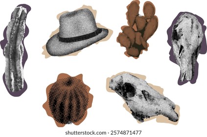 Contemporary Wild West Collage elements set with Cactus, skull and Cowboy hat. Modern abstract template design.	