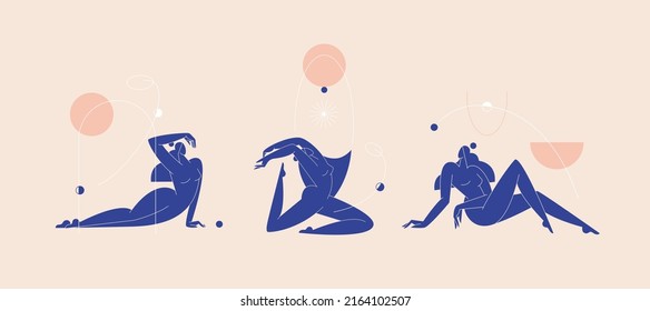 Contemporary Woman Silhouette Vector Illustration Set.Nude Female Body, Blue Colored Feminine Figure With Geometric Shape Abstract Composition. Beauty, Body Care Concept Pack For Branding. Modern Art