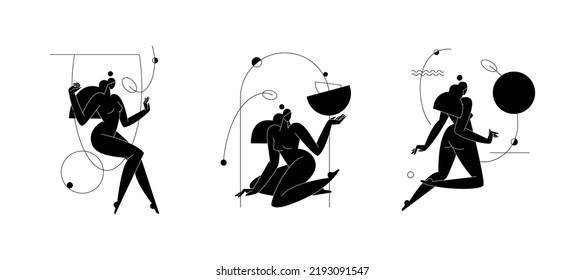 Contemporary Woman Silhouette Vector Illustration Set. Nude Female Body, Abstract Pose, Feminine Figure Composition With Geometric Shapes. Self Care, Body Beauty Concept Pack For Branding. Modern