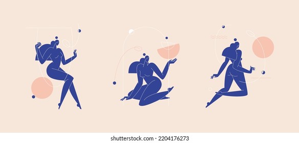 Contemporary Woman Silhouette Vector Illustration Set. Nude Female Body, Blue Colored Feminine Figure With Geometric Shape Abstract Composition. Beauty, Body Care Concept Pack For Branding. Modern Art