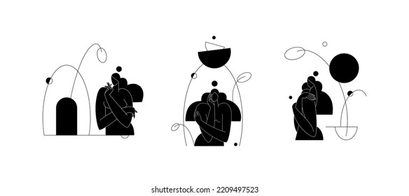 Contemporary Woman Silhouette Vector Illustration Set. Nude Female Body, Abstract Pose, Feminine Figure Composition With Geometric Shapes. Self Care, Body Beauty Concept Pack For Branding. Modern Art