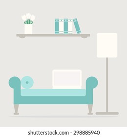 Contemporary work place in the living room. Classic furniture: antique couch, lamp, laptop and wooden shelf. Modern freelance home office. Flat style vector illustration. 