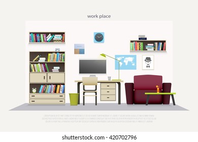 contemporary work place with wooden furniture and professional tools. vector, flat style office interior. elegant workspace illustration. lifestyle and working concept, apartment decoration