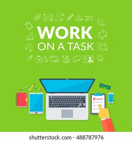 Contemporary workplace background. Personal workspace organization. Modern flat design template.