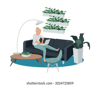 Contemporary workspace flat composition with female character holding laptop sitting on sofa with designer furniture and plants vector illustration