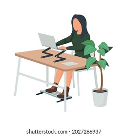 Contemporary workspace flat composition with woman sitting at desk with foldable stand for laptop and legs vector illustration