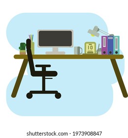 Contemporary workspace flat vector illustration . Working office  isolated on white background. Coworking openspace area