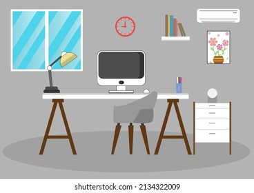 Zeitgenössischer Arbeitsbereich mit flachem Vektorgrafik-Set. Arbeitsplatz mit Büromöbeln: Schreibtisch, Stuhl, Computer, Bücherregal, Bilder an der Wand, Uhr, Lampe.