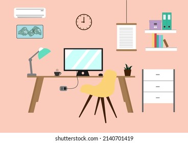 Contemporary workspace flat vector illustration set. Workplace with computer monitor on the table, table lamp, books, bookshelf, coffee mug and chair.