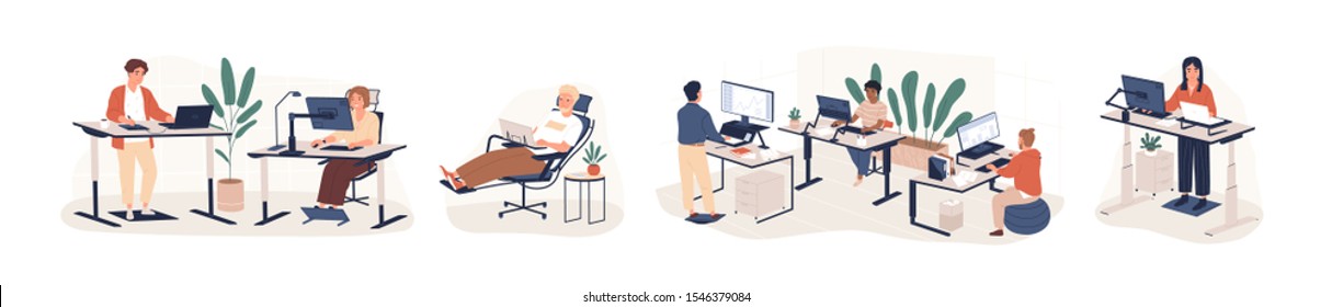 Contemporary workspace flat vector illustrations set. Working office employees sitting and standing behind ergonomic furniture cartoon characters isolated on white background. Coworking openspace area