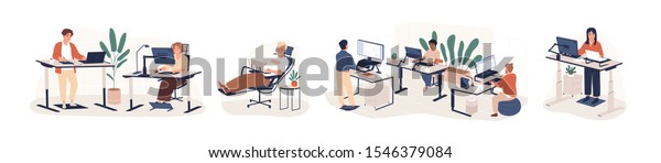 Contemporary workspace flat vector illustrations\
set. Working office employees sitting and standing behind ergonomic\
furniture cartoon characters isolated on white background.\
Coworking openspace\
area
