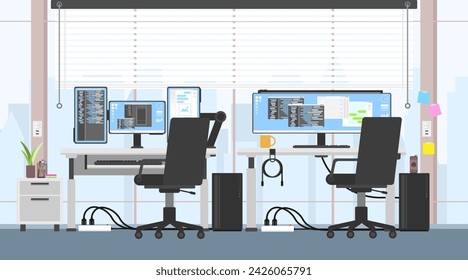 Contemporary workspace office desk with curtain, Empty coworking area, Modern office room interior, City view office place, Office background illustration.