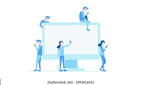 Contemporary world of information with people attached to mobile phones gadgets and devices looking at screens not noticing things around them vector illustration with copy space