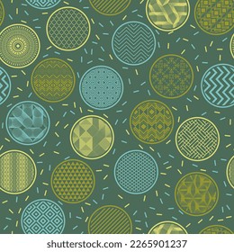 Contemporary wrapping paper print vector endless ornament. Round shapes with oriental abstractions inside. Asian motives in bubbles. Freckled texture background. Candy packaging design.