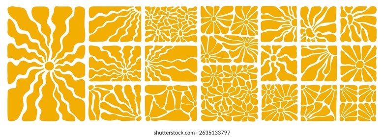 Contemporary y2k sun or sunburst background in 70s naive boho style. Hand drawn groovy sun, doodle flower or floral hippie pattern for social media. Wavy botanical retro poster or summer sunshine icon