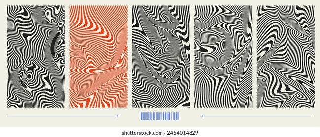 Contemporary Y2K Wavy Backgrounds. Set of trendy different swirl texture in a retro futuristic style with a distorted effect for collage. Vector illustration. 