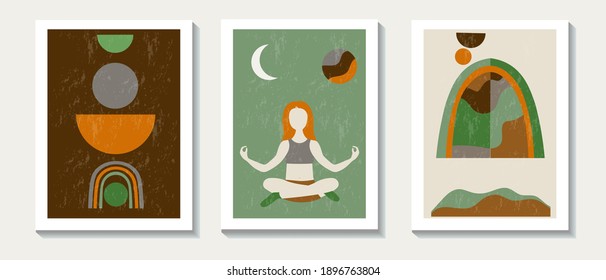 contemporary yoga. Banners in 70s style, Strength and calm, set of three pictures, vector illustration