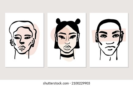 Contemporary young men and women portraits, teenager with piercing and slits on eyebrows, stylish line art guy's and girl's faces. Poster, banner set. vector illustration.