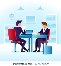 Contender work employees and job interview. Cartoon man employee and interviewer boss meeting at desk in ceo office vector concept with flat characters on job interview