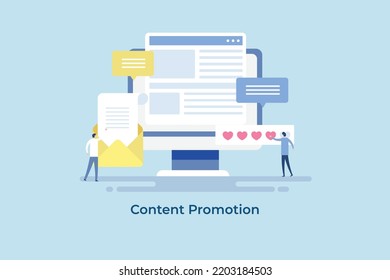 Content advertising, Content delivery network, People sharing content on social media - flat design vector illustration with icons