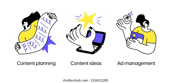 Content and Advertising Marketing Campaign or Service - set of business concept illustrations. Content planning, ideas, ad management. Visual stories collection