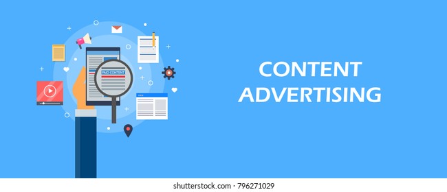 Content advertising, Mobile content marketing flat vector banner with icons and text