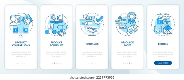 Content for affiliate website blue onboarding mobile app screen. Walkthrough 5 steps editable graphic instructions with linear concepts. UI, UX, GUI template. Myriad Pro-Bold, Regular fonts used