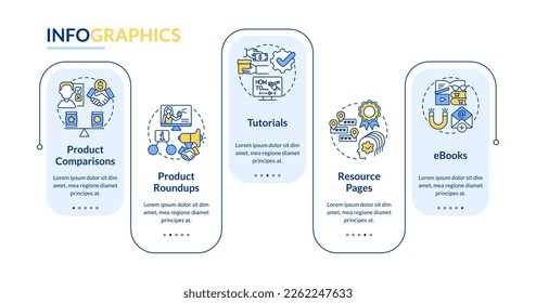 Content for affiliate website rectangle infographic template. Business Data visualization with 5 steps. Editable timeline info chart. Workflow layout with line icons. Lato-Bold, Regular fonts used