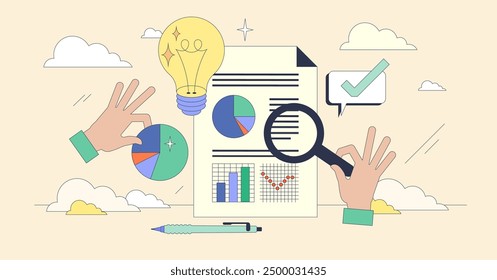 Content analysis and data graphics research tiny person neubrutalism concept. Database interpretation using diagrams, schemes and report materials vector illustration. Analyze business data audit.