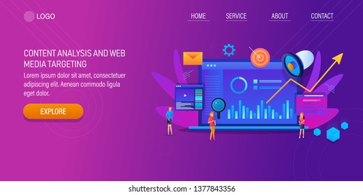 Content analysis, Digital Marketing strategy, People engaged with digital content, 3D, isometric vector banner