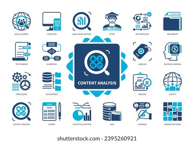 Content Analysis icon set. Statistical Method, Machine Learning, Algorithm, Social Science, Qualitative Method, Labeling, Survey, Computer. Duotone color solid icons