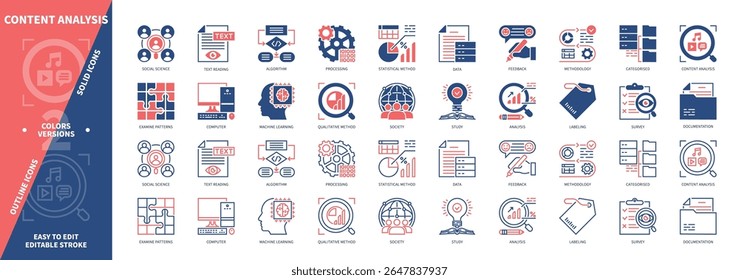 Conjunto de ícones de Análise de Conteúdo. Método Estatístico, Aprendizagem Automática, Algoritmo, Ciências Sociais, Método Qualitativo, Rotulagem, Pesquisa, Computador. Ícones de contorno sólido e editável de cor duotônica