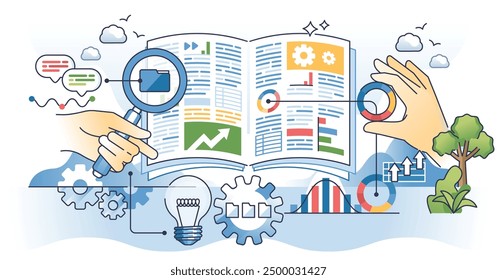 Content analysis and qualitative information research outline hands concept. Fact check for fake news and interpretation vector illustration. Textual analytics or scientific data processing work.