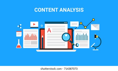 Content analysis, research, digital content, data research flat design vector illustration isolated on blue background with icons