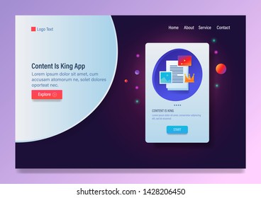 Content app, Marketing content, Digital Strategy, Content king concept - gradient style banner concept, landing page with icons and texts