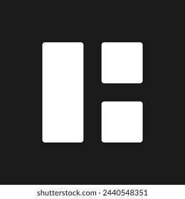 Content arrangement pixel dark mode glyph ui icon. Webpage structure. User interface design. White silhouette symbol on black space. Solid pictogram for web, mobile. Vector isolated illustration