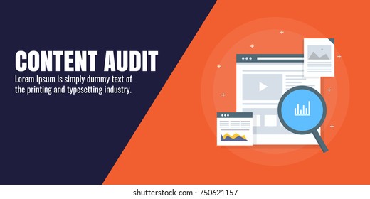 Content Audit, Search, Data, Digital Content, Analysis Flat Vector Banner With Icons And Texts