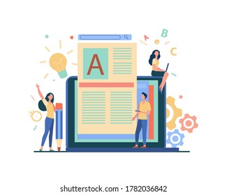 Content author or writer job concept. Freelance blogger at laptop writing creative article, editing text. Vector illustration for blogging, seo marketing, online education topics