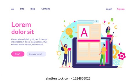 Content author or writer job concept. Freelance blogger at laptop writing creative article, editing text. Vector illustration for blogging, seo marketing, online education topics