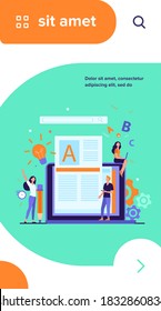 Content author or writer job concept. Freelance blogger at laptop writing creative article, editing text. Vector illustration for blogging, seo marketing, online education topics