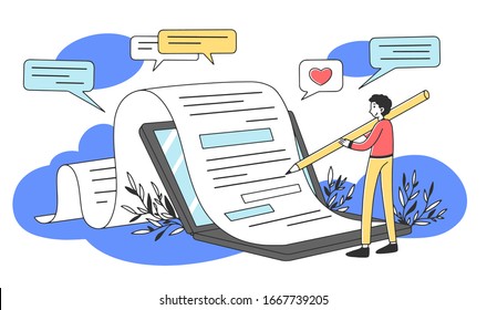 Content author writing creative article flat vector illustration. Writer typing text for internet blog via laptop. SEO, marketing and online business concept