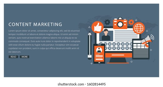 
Content based marketing - digital content - Social media advertising flat vector conceptual banner with icons