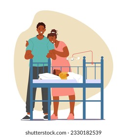 Content Black Parents Characters Observing Their Baby Peacefully Sleeping In A Cot, Their Faces Radiating Joy And Contentment, As They Cherish This Precious Moment. Cartoon People Vector Illustration