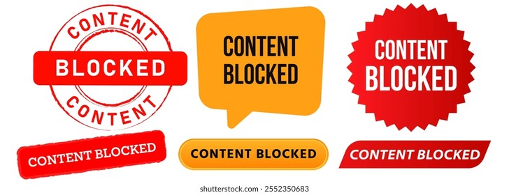 Conteúdo bloqueado publicidade censura da web proibido menor de idade ilegal anúncios de web streaming selo internet crachás coloridos etiqueta adesivo banner fita bolha fala design ícone set