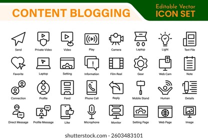 Content Blogging Line icon set. Post, social media, community, content, website, sharing, create, opinion. Business concept. Web vector infographic in outline icon style.
