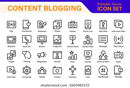 Content Blogging Line icon set. Post, social media, community, content, website, sharing, create, opinion. Business concept. Web vector infographic in outline icon style.