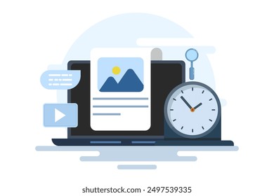 Concepto o planificación de contenido, contenido de redes sociales, programador de publicaciones, organización de la gestión del tiempo en el trabajo, Plantilla conceptual de la página de destino con íconos y texto. Ilustración vectorial plana