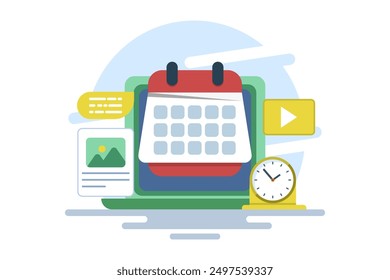 Content Calendar Concept or content planning, social media content, post scheduler, time management organization at work, conceptual landing page template with icons and text. flat vector illustration