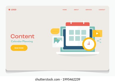 Content calendar, content planning, social media content, post scheduler - conceptual landing page template with icons and texts